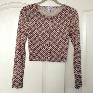 Rue21 brown white floral print mesh long sleeve crop top button down sheer